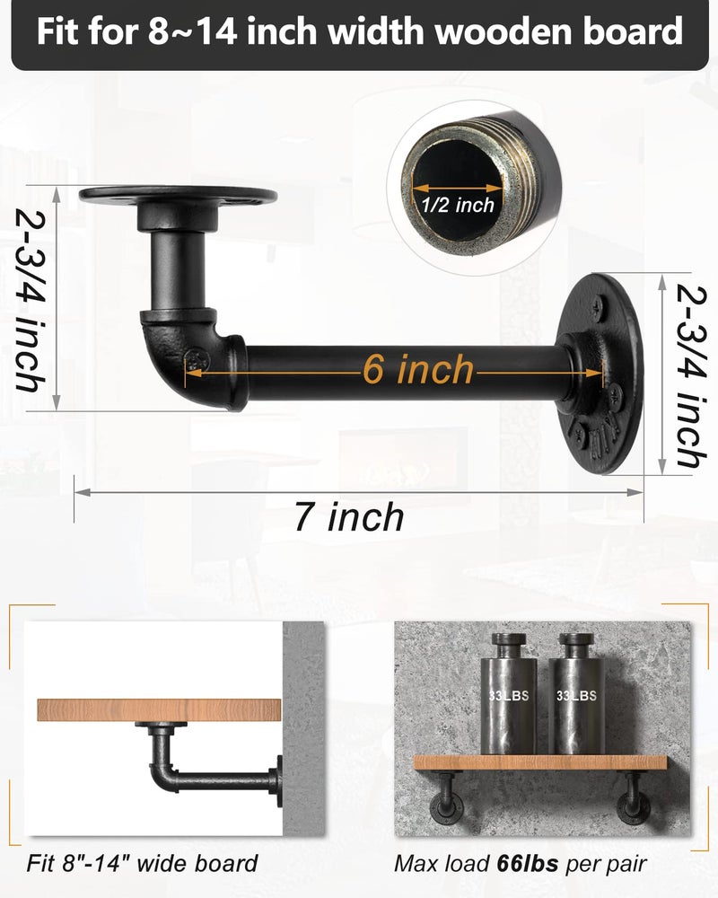 LuckIn Pipe Shelf Brackets for DIY 8 10 12 14 Inch Floating Shelves, Industrial Iron Pipe Bracket, Heavy Duty Metal Shelving Brackets, Black, 6-Pack - Image 2